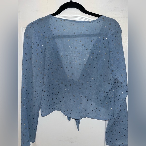 Sheer Blue With Gold Shimmery Stars Tie Front Crop Top — One Size Fits All - Picture 5 of 5